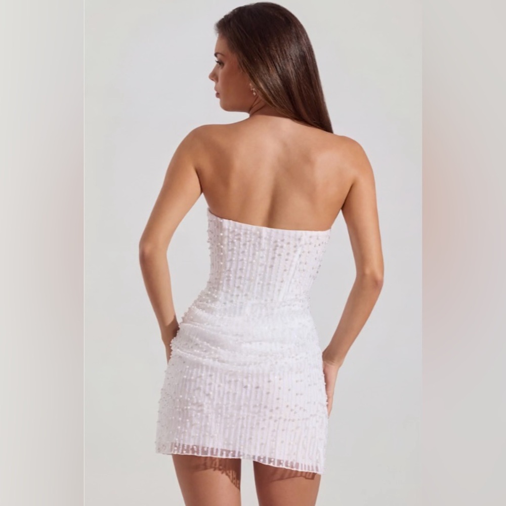 Oh Polly Embellished Draped Strapless A-Line Mini Dress in White - Picture 2 of 6